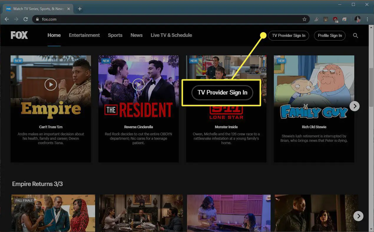 TV-leverantörens inloggningsknapp på Fox.com