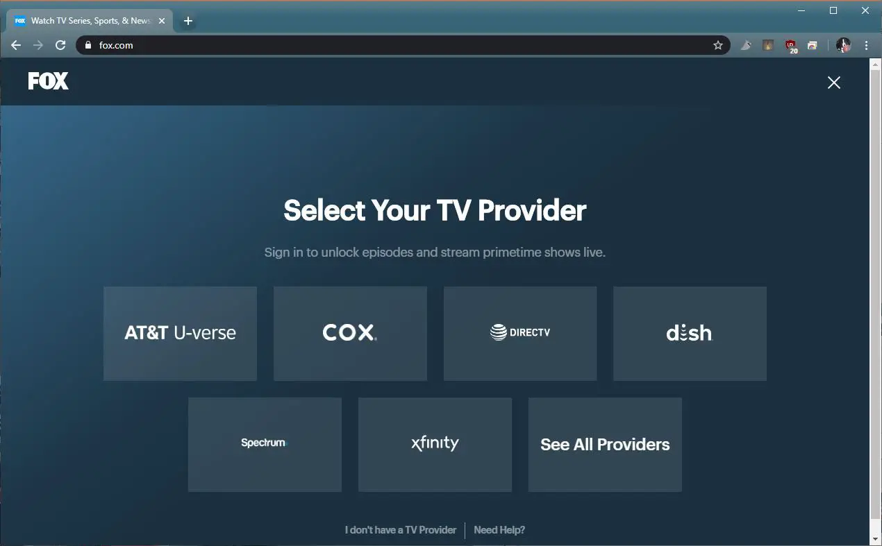En skärmdump av Fox TV-leverantörssidan.