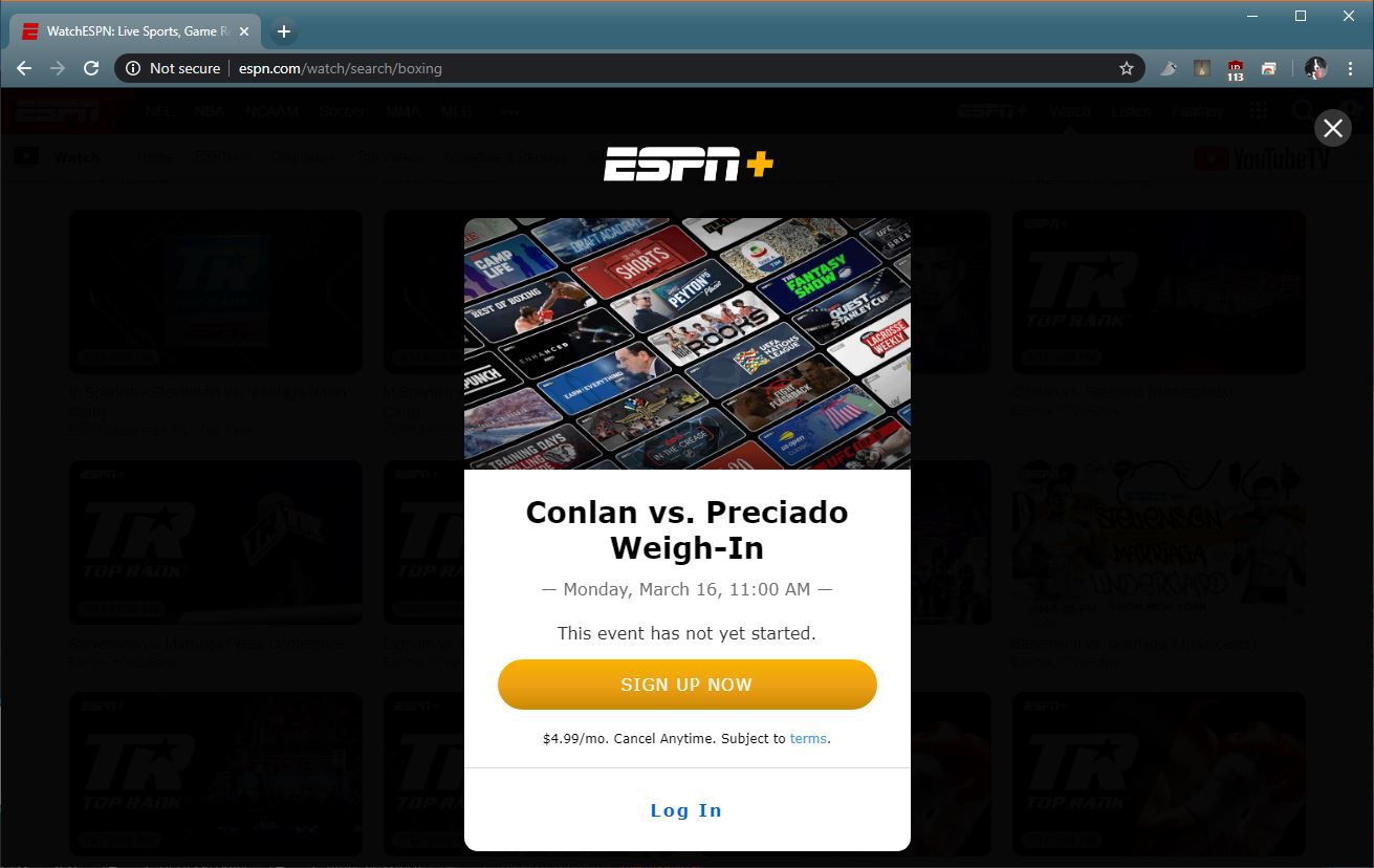 En skärmdump av ESPN + och en boxningsmatch.