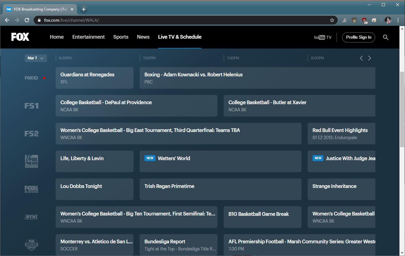 En skärmdump av Fox tv-guide.