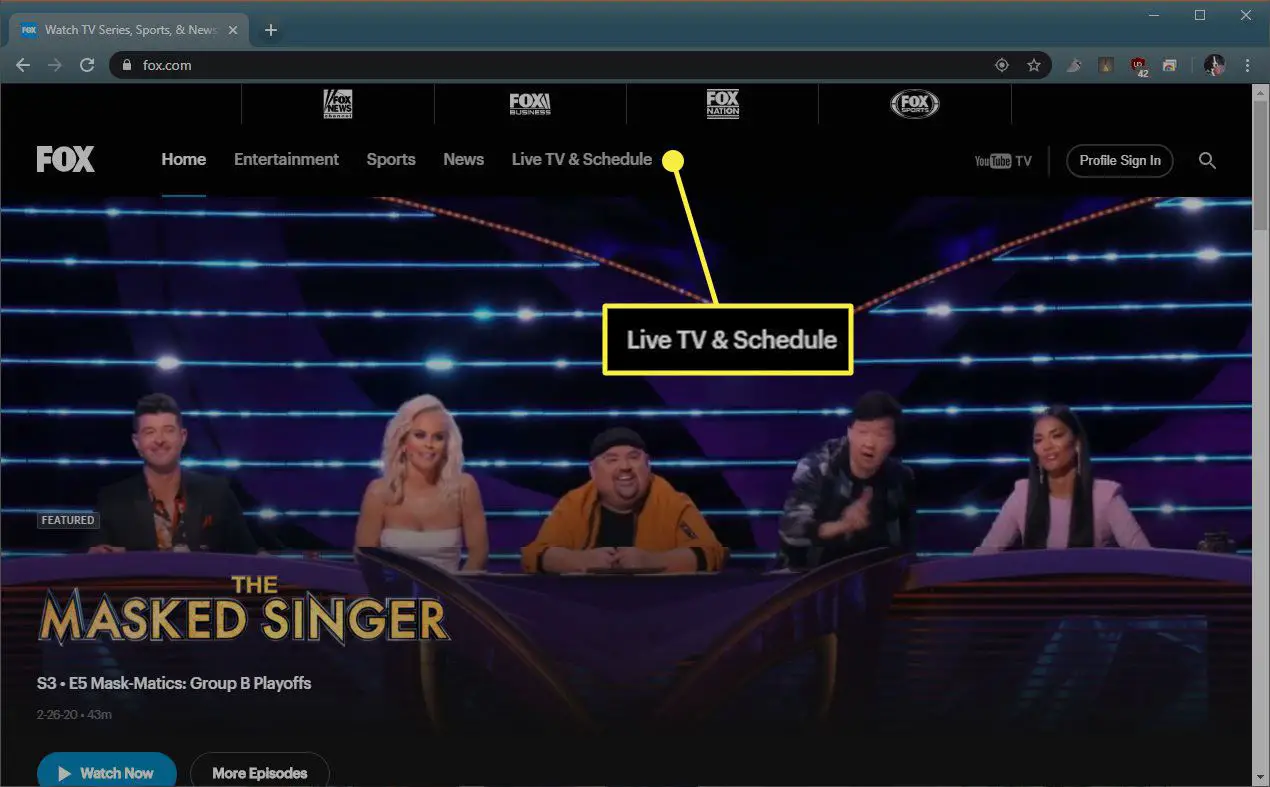 Live TV & Schema-knappen på Fox.com