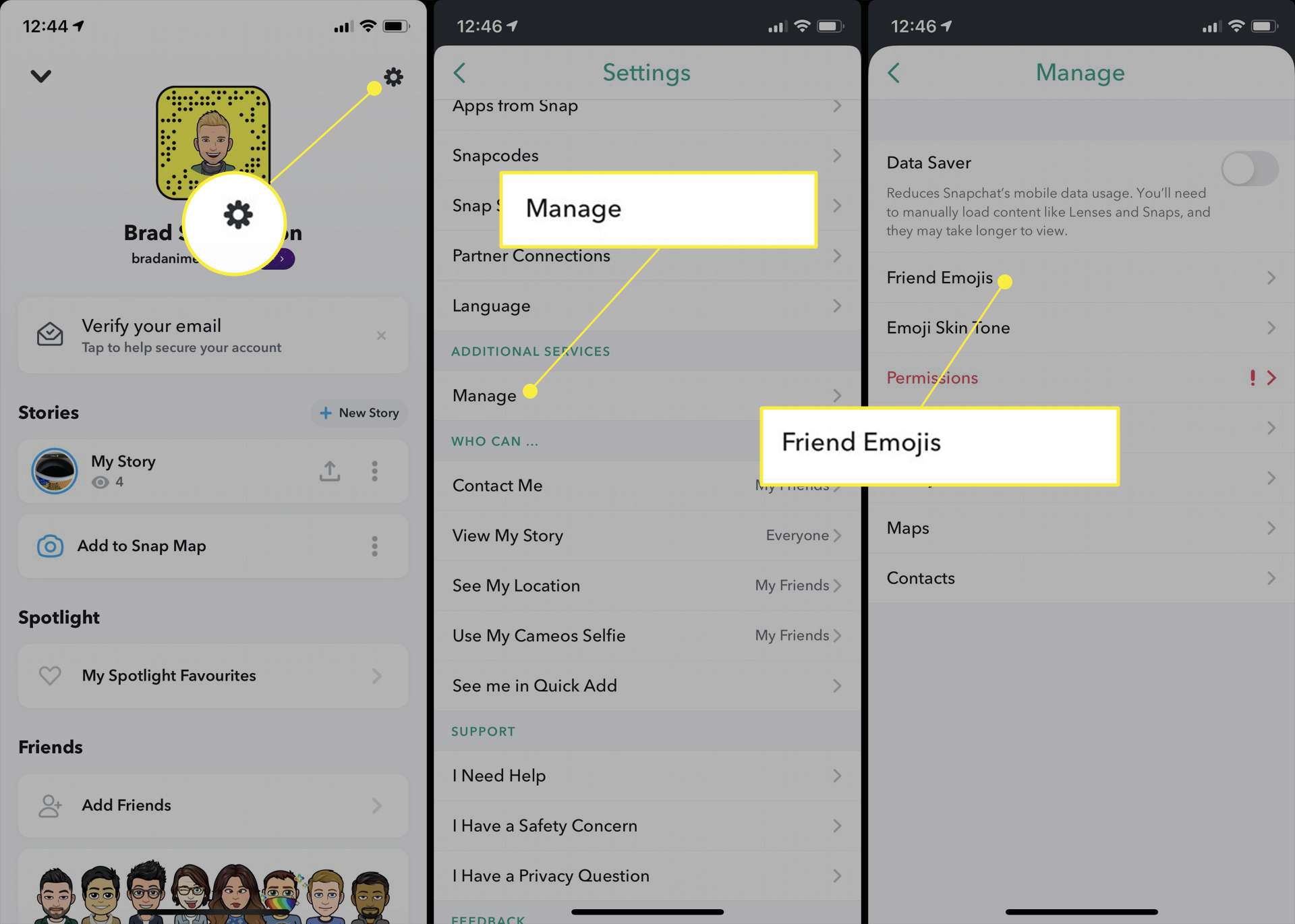 Snapchat-appen med inställningsikonen, "Hantera" och "Vänemojis" markerade