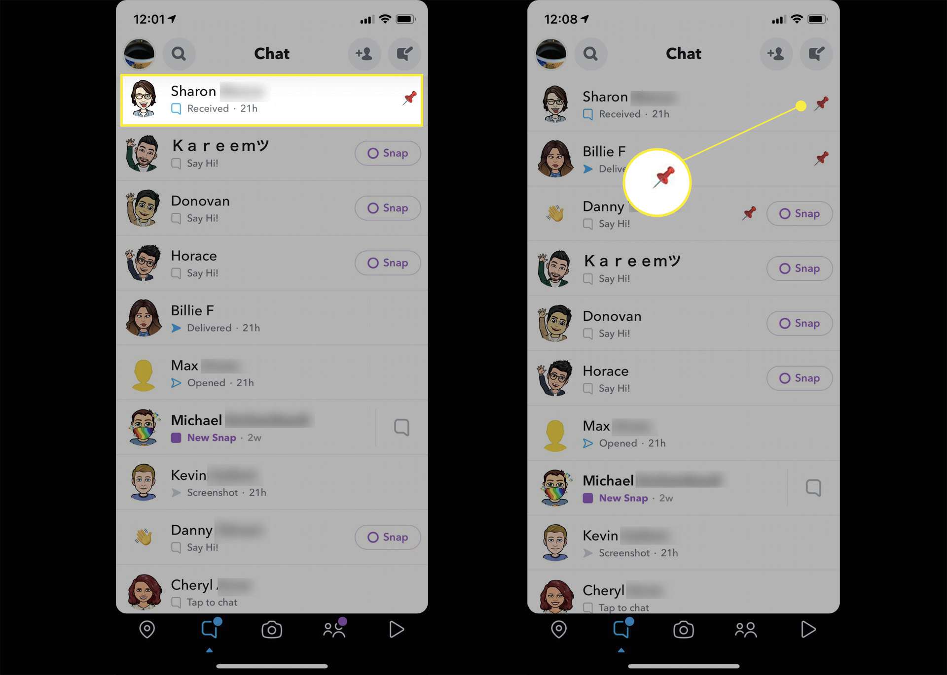Fästa människor på Snapchat på iPhone med ett namn och stiftikonen markerad
