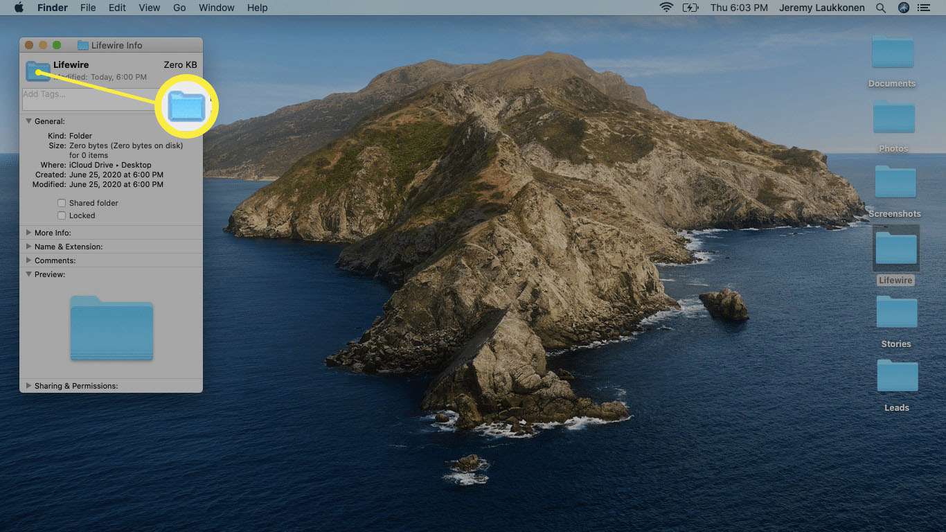 En skärmdump av mappinforutan på macOS.