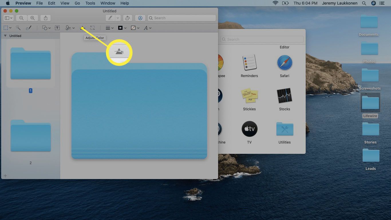 Justera färgverktyget markerat i Preview-appen på macOS.