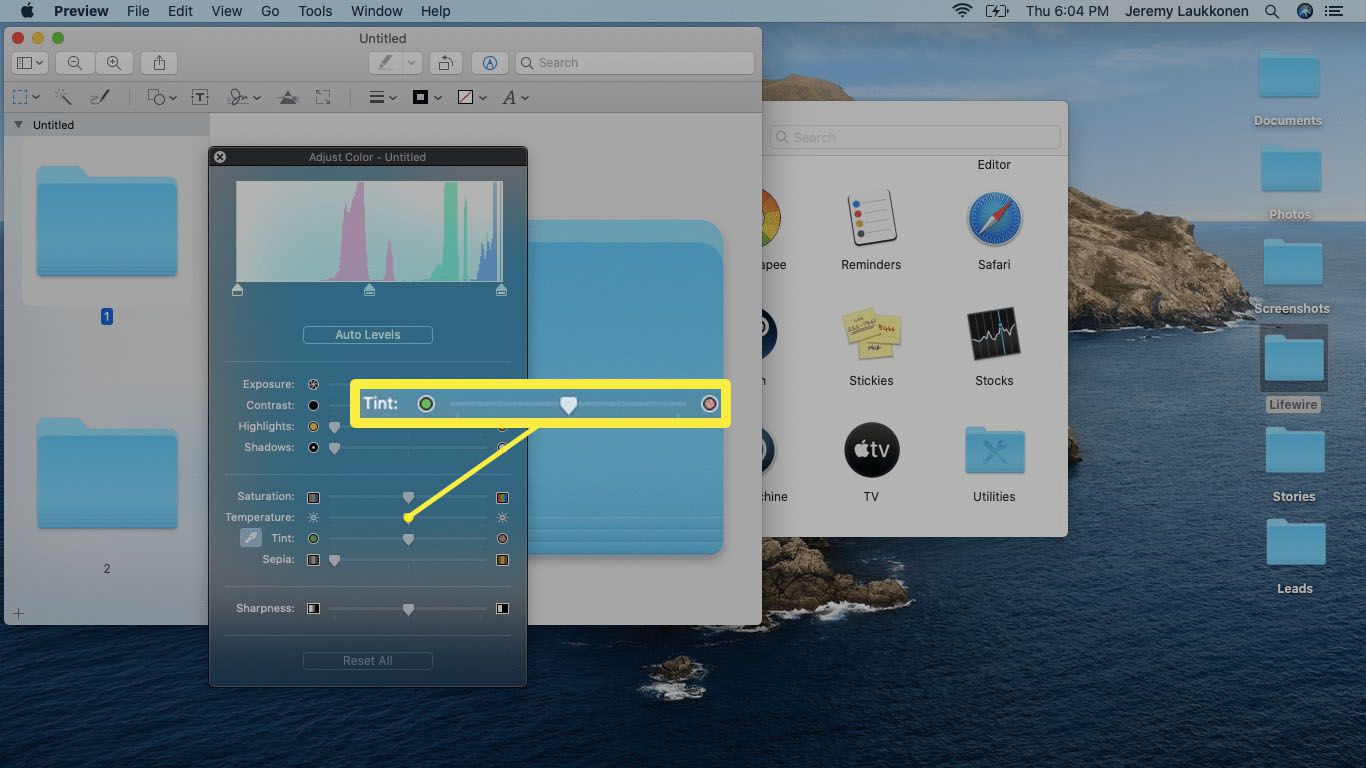 En skärmdump av Tint-reglaget i Preview-appen på macOS.