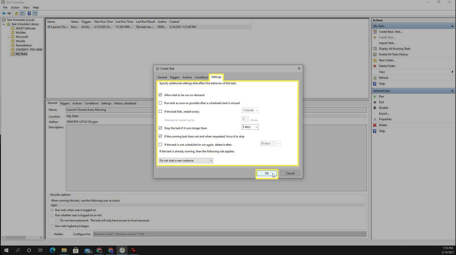 Fliken Inställning i Aktivitetsschemaläggaren i Windows 10.