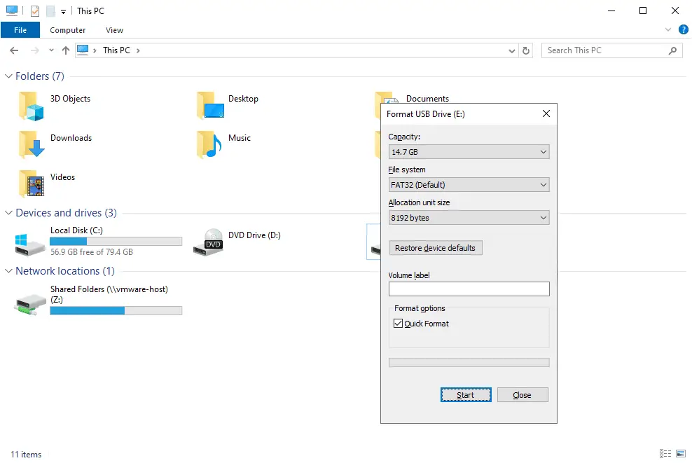 Formatera USB Drive-skärmen i Windows 10