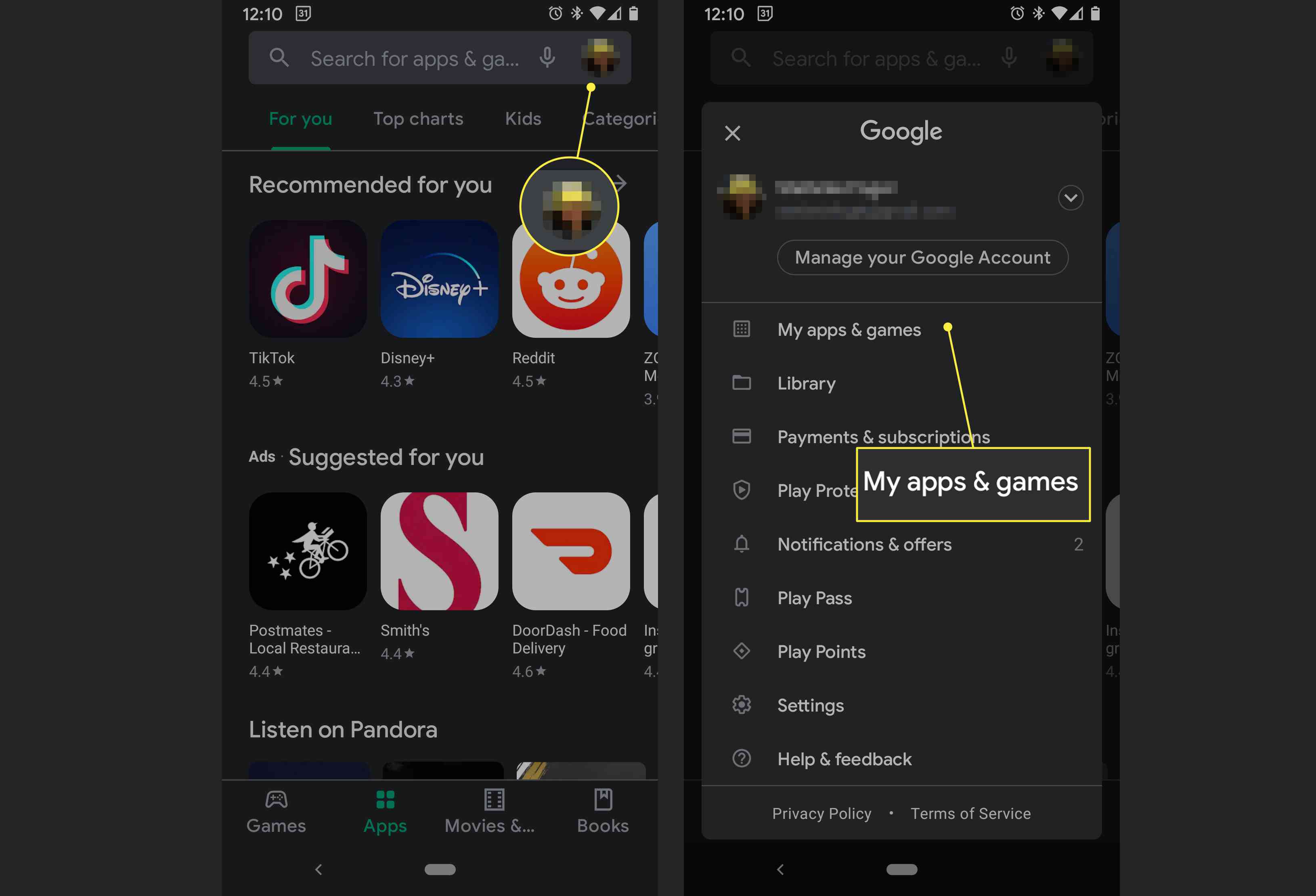 Inställningen Mina appar och spel i Google Play är markerad