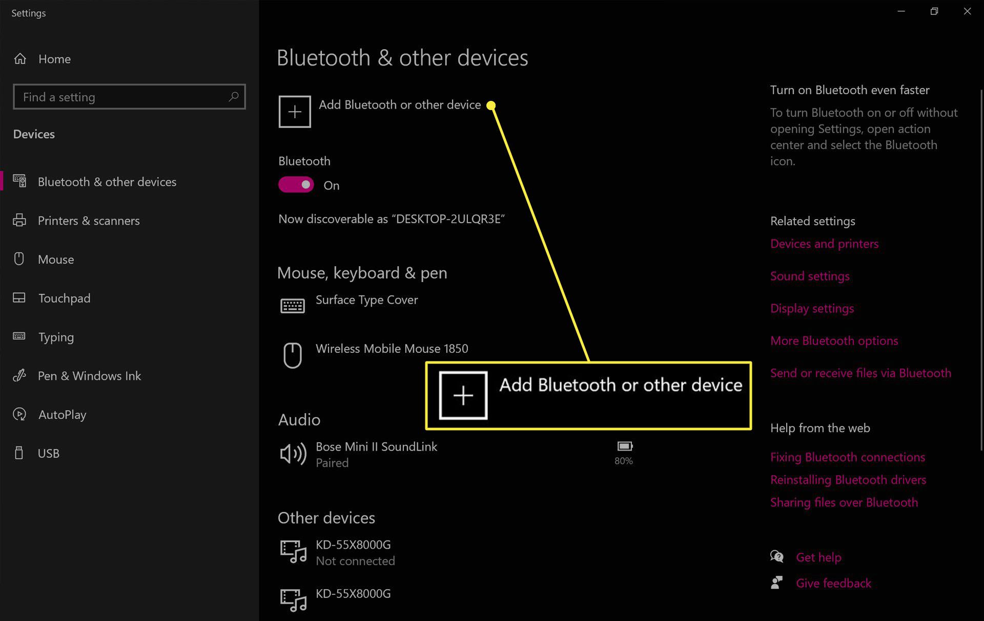 Windows 10 Bluetooth-inställningar.