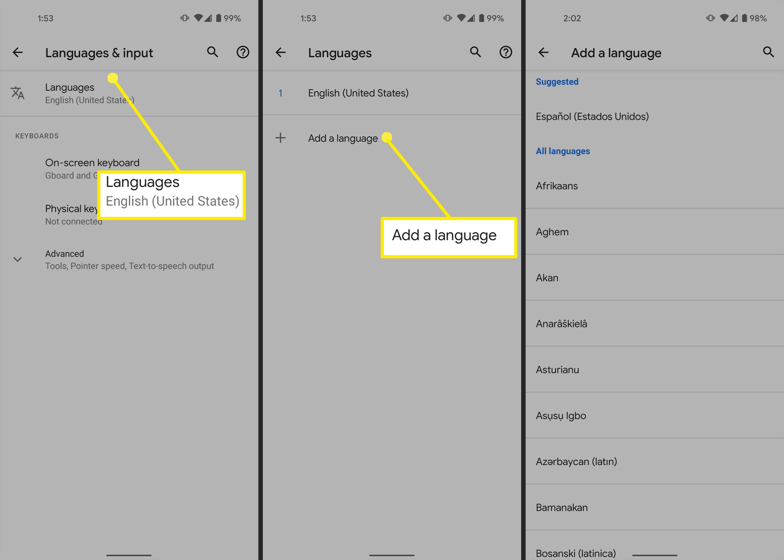 Ändra språk på en Android-enhet.