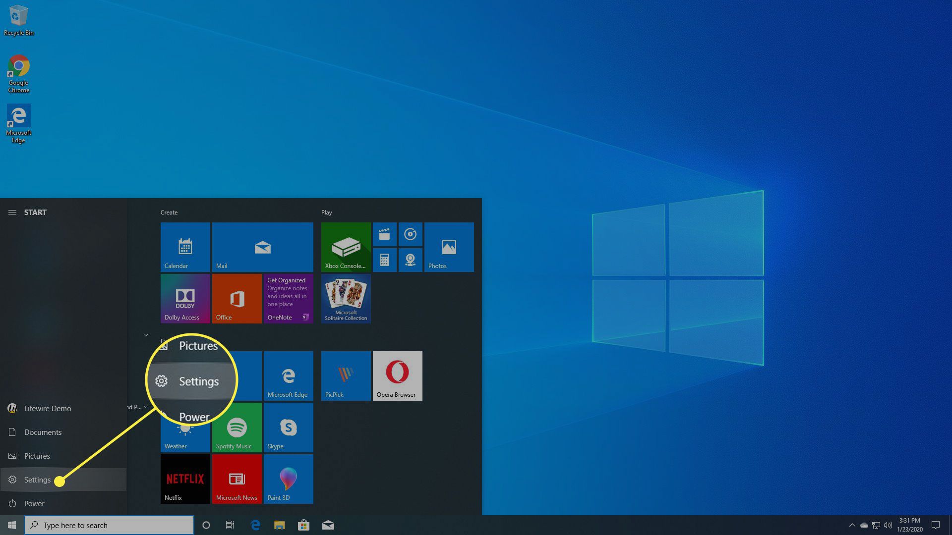 Startmenyn i Windows 10 med inställningar markerade