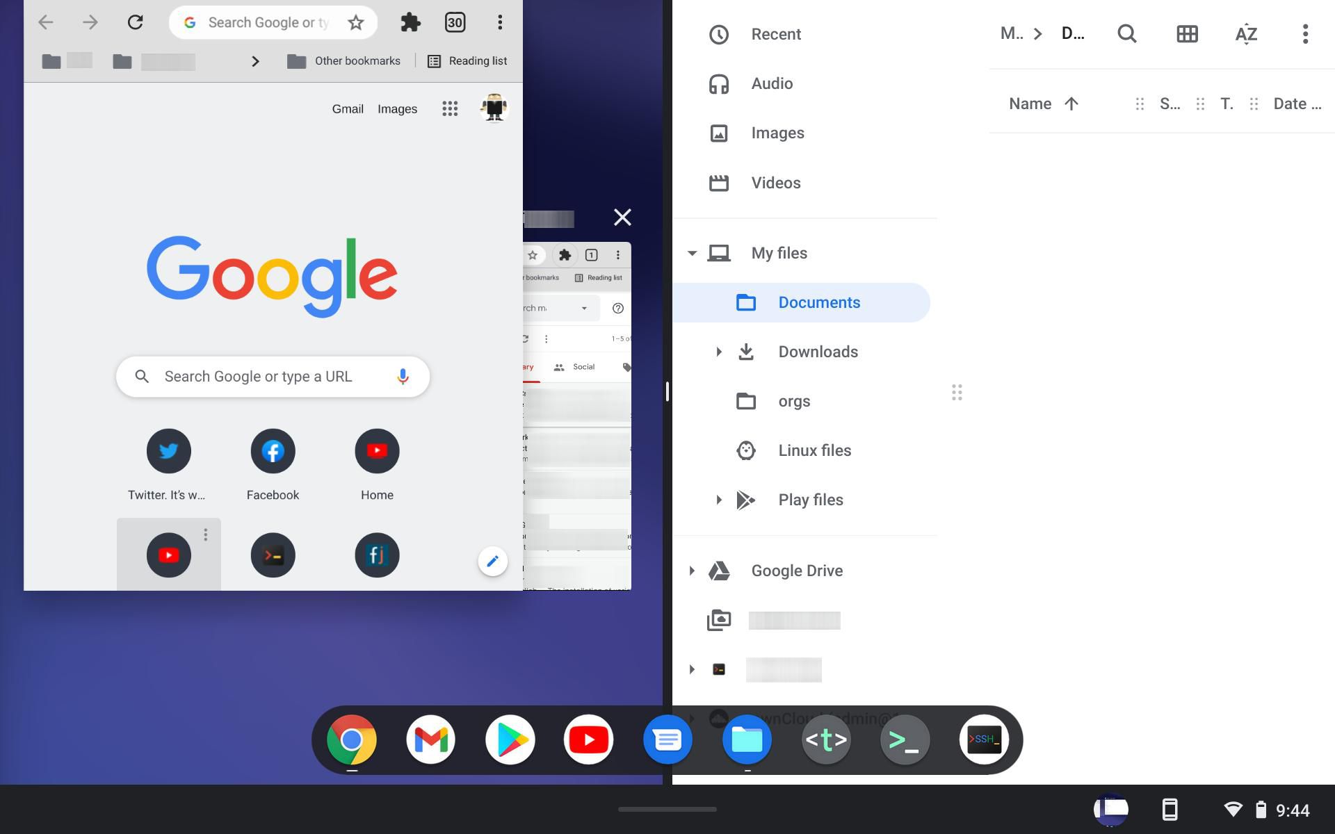 Ett fönster delat halvskärm på Chrome OS i Tablet-läge