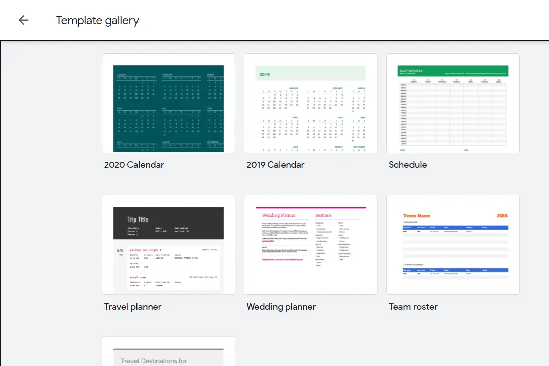Skärmdump av Google Sheets kalendermallar