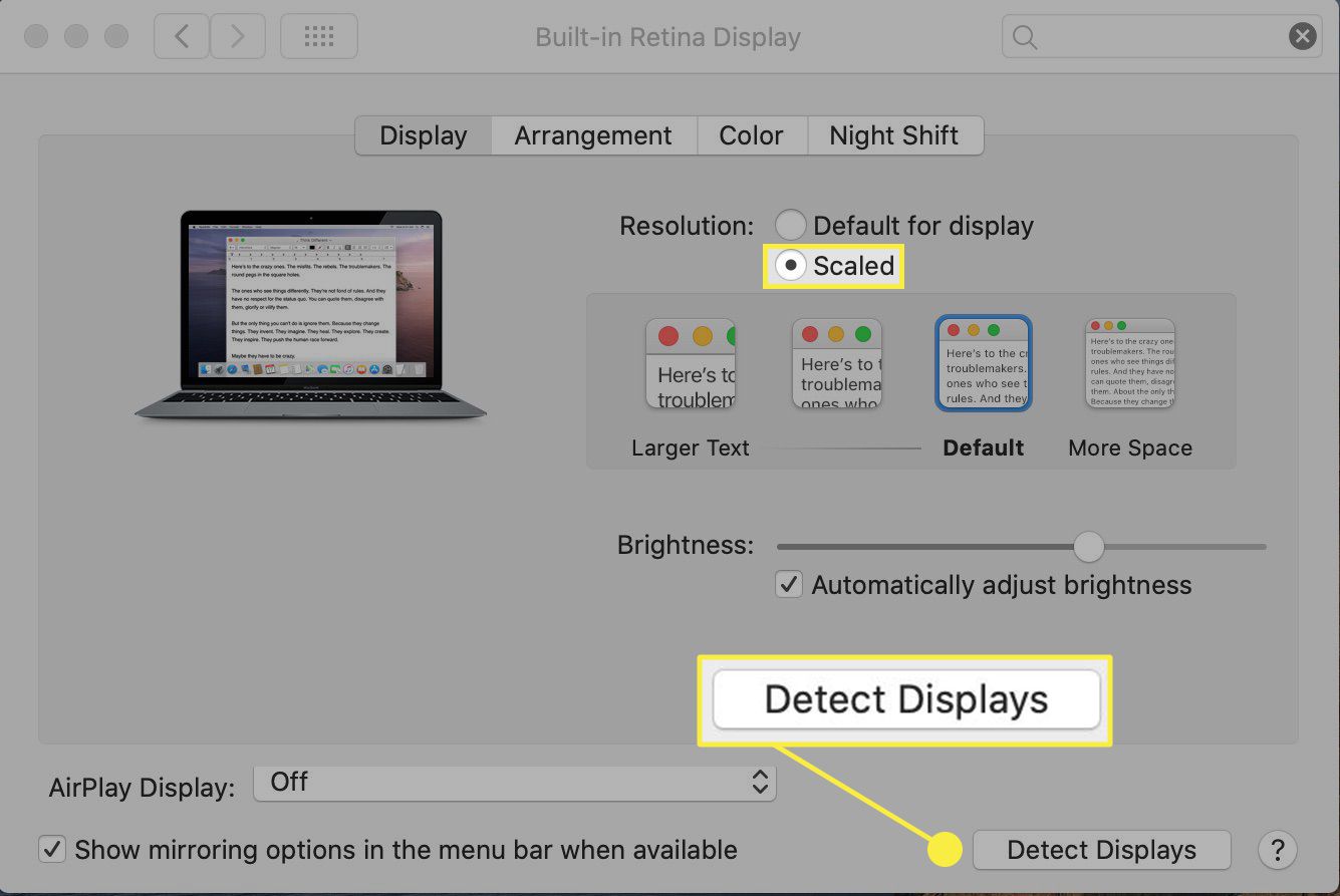 Detect Visar-knapp från macOS-skärminställningar.