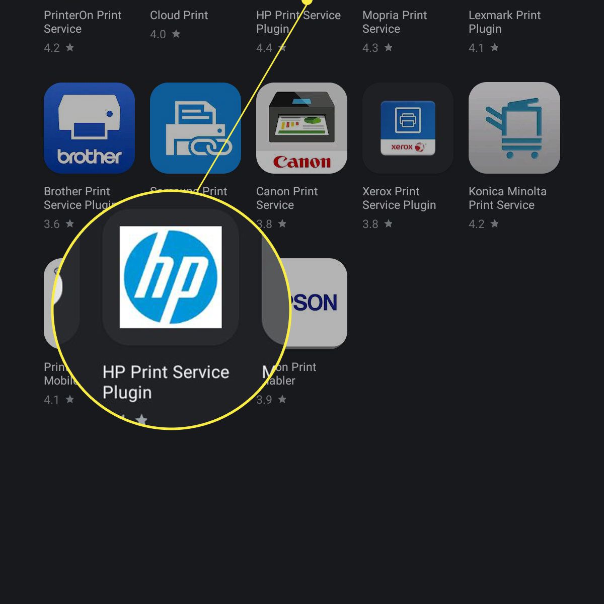 Samsung-surfplatta väljer skrivarplugin i Google Play-butiken med HP-plugin markerat