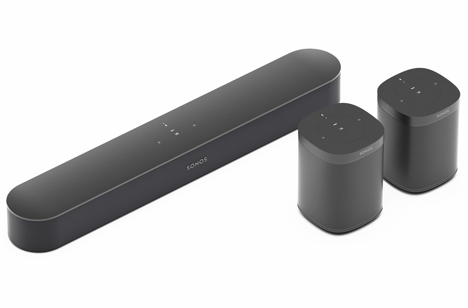 Sonos Beam och par Sonos One-högtalare båda med Alexa Inbyggd
