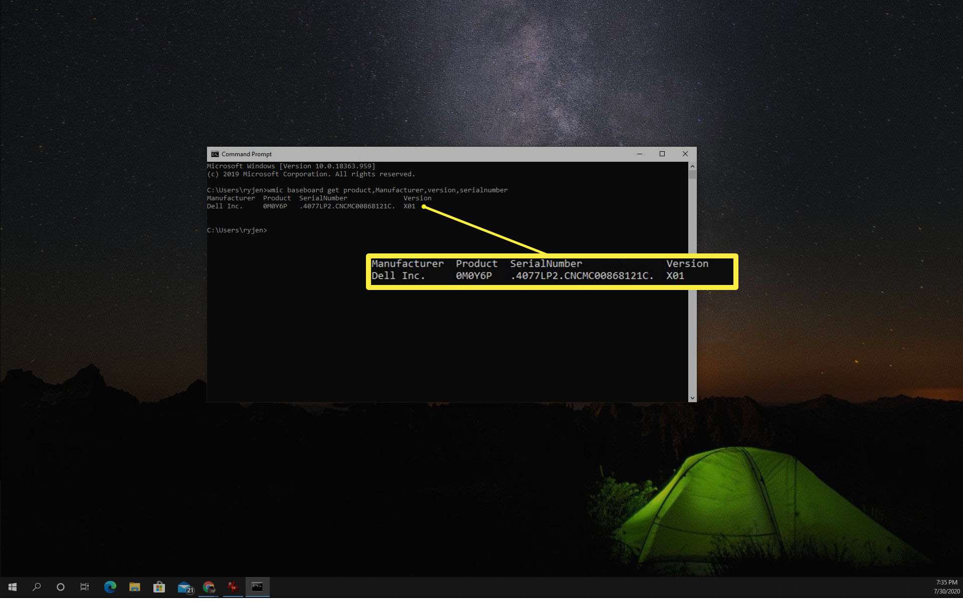 Skärmdump av WMIC-moderkortsinformation i Windows 10.