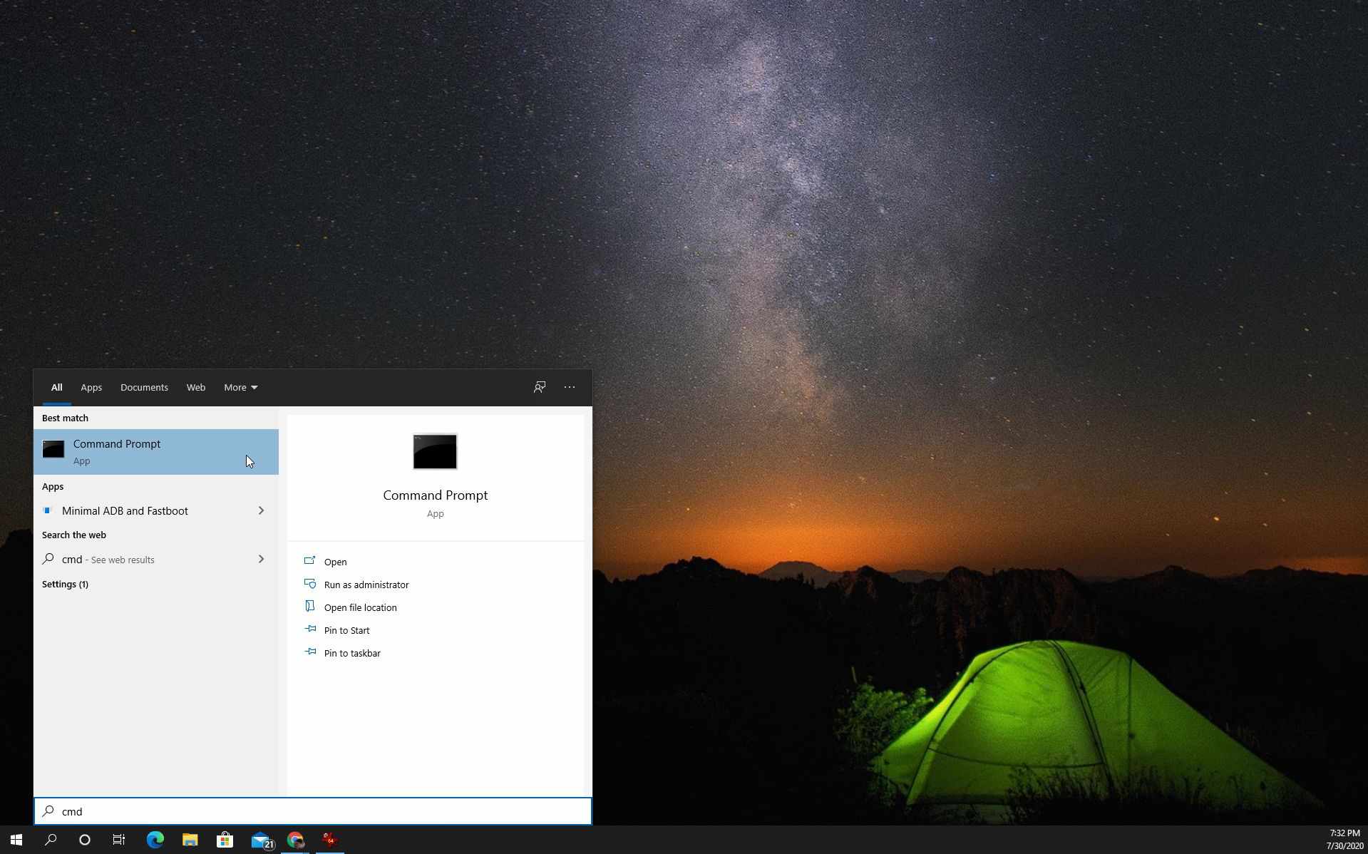 Skärmdump för att öppna kommandotolken i Windows 10