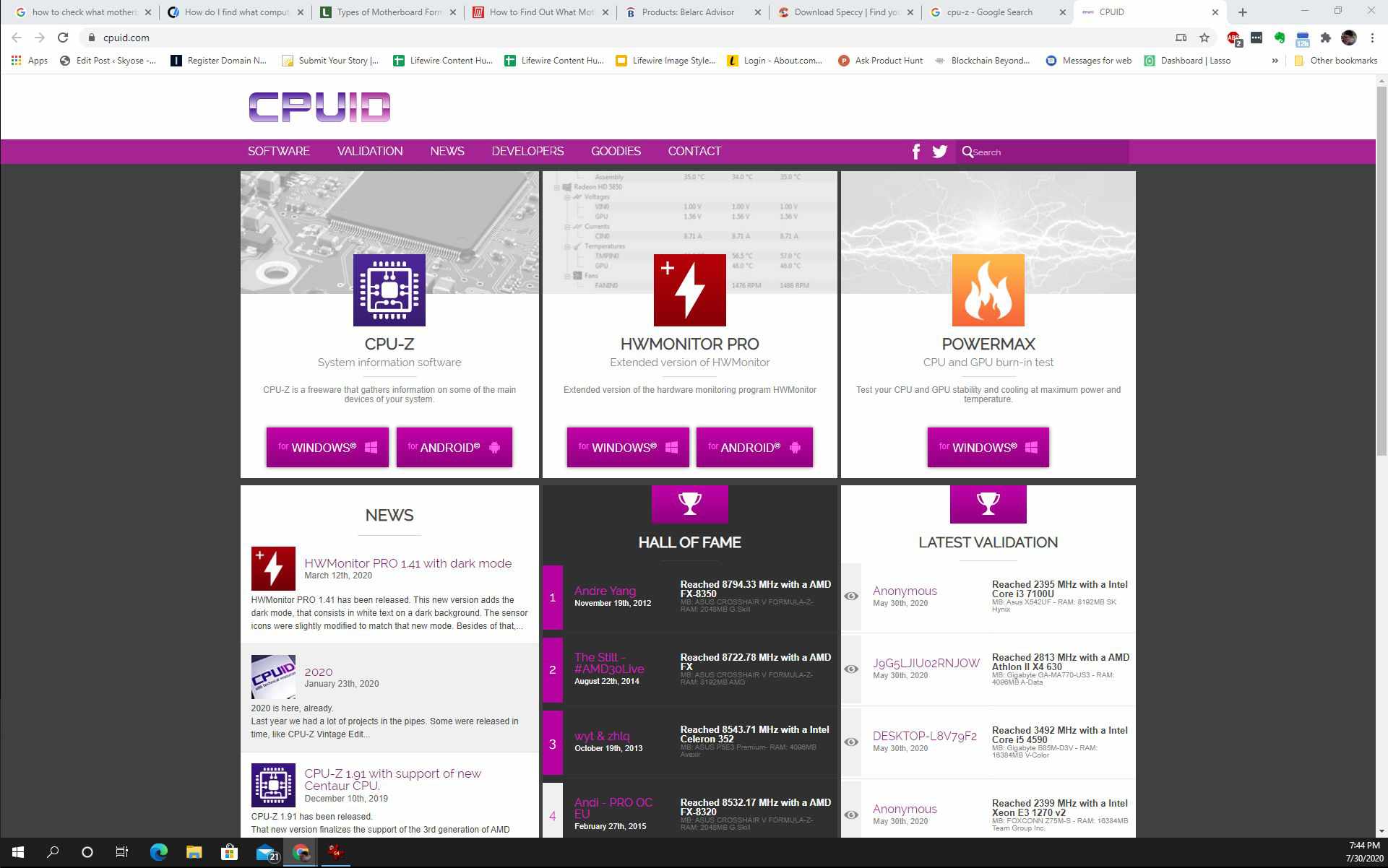 Skärmdump för nedladdning av CPU-Z från CPUID-webbplatsen