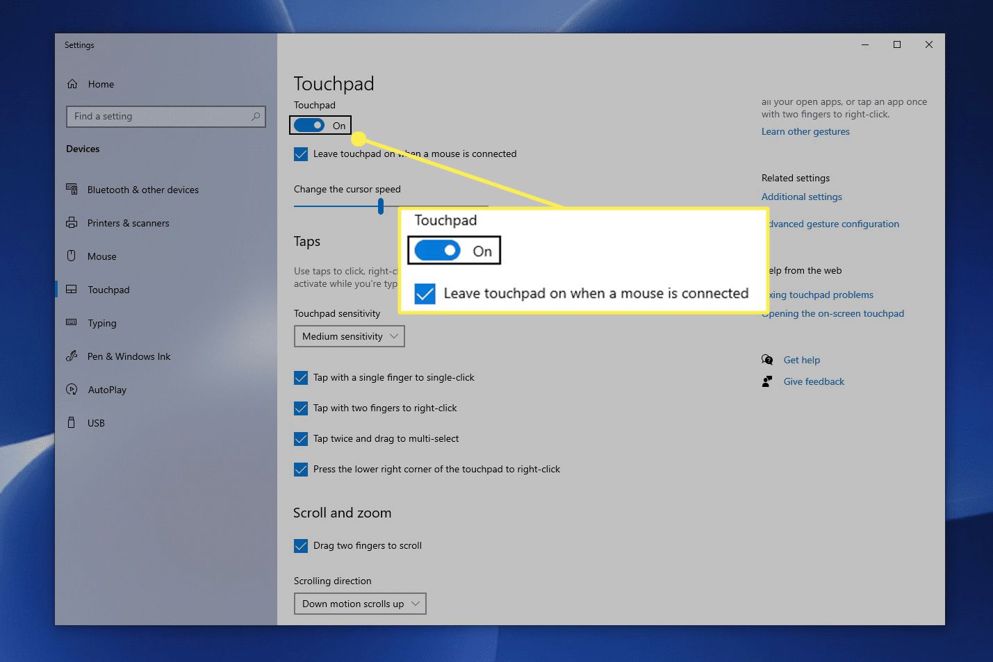 Pekplattans knapp aktiverad i Windows 10-inställningar