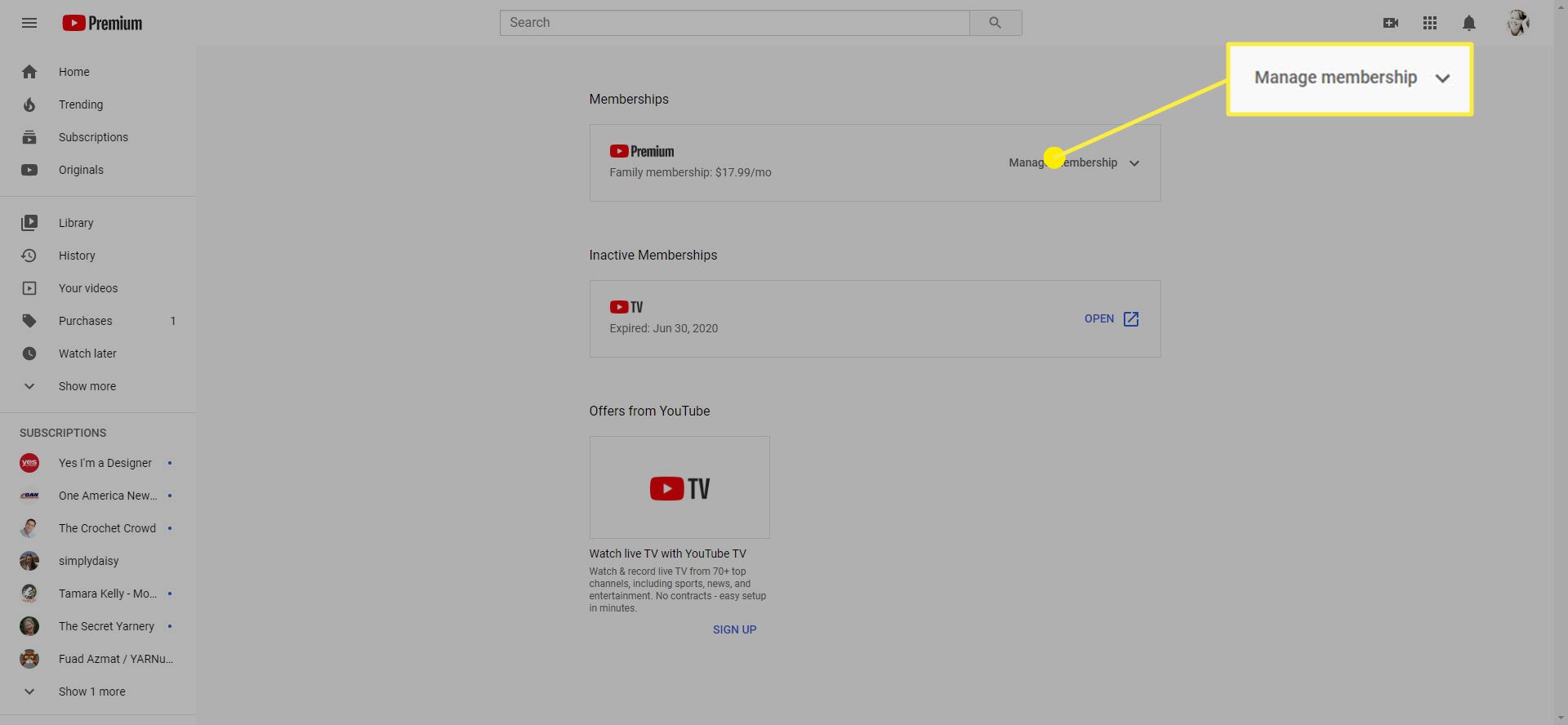 Var hanterar du medlemskap på YouTube Premium.