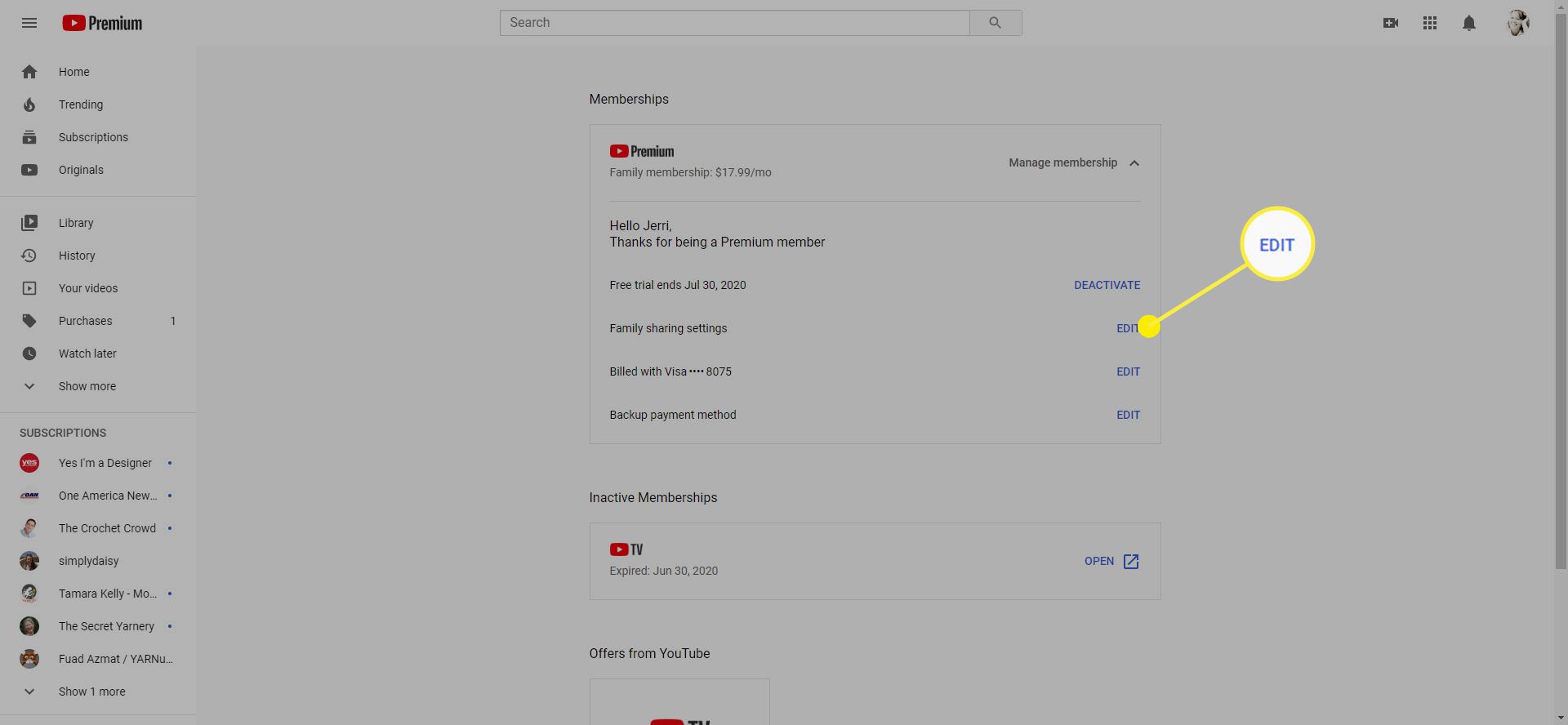 Var man kan redigera Family Sharing-funktioner på YouTube Premium.