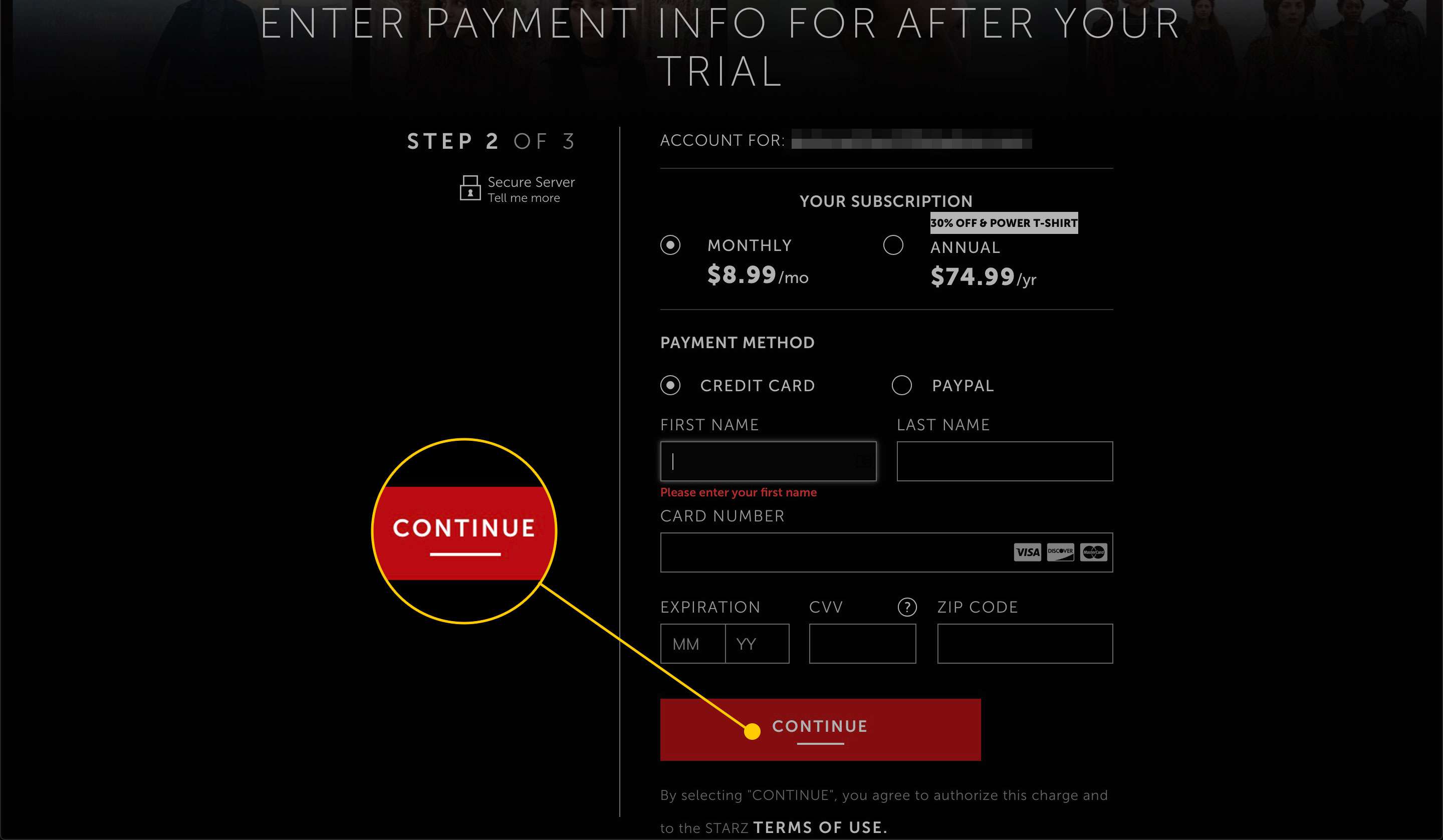 Starz Payment-skärm med Fortsätt-knappen markerad