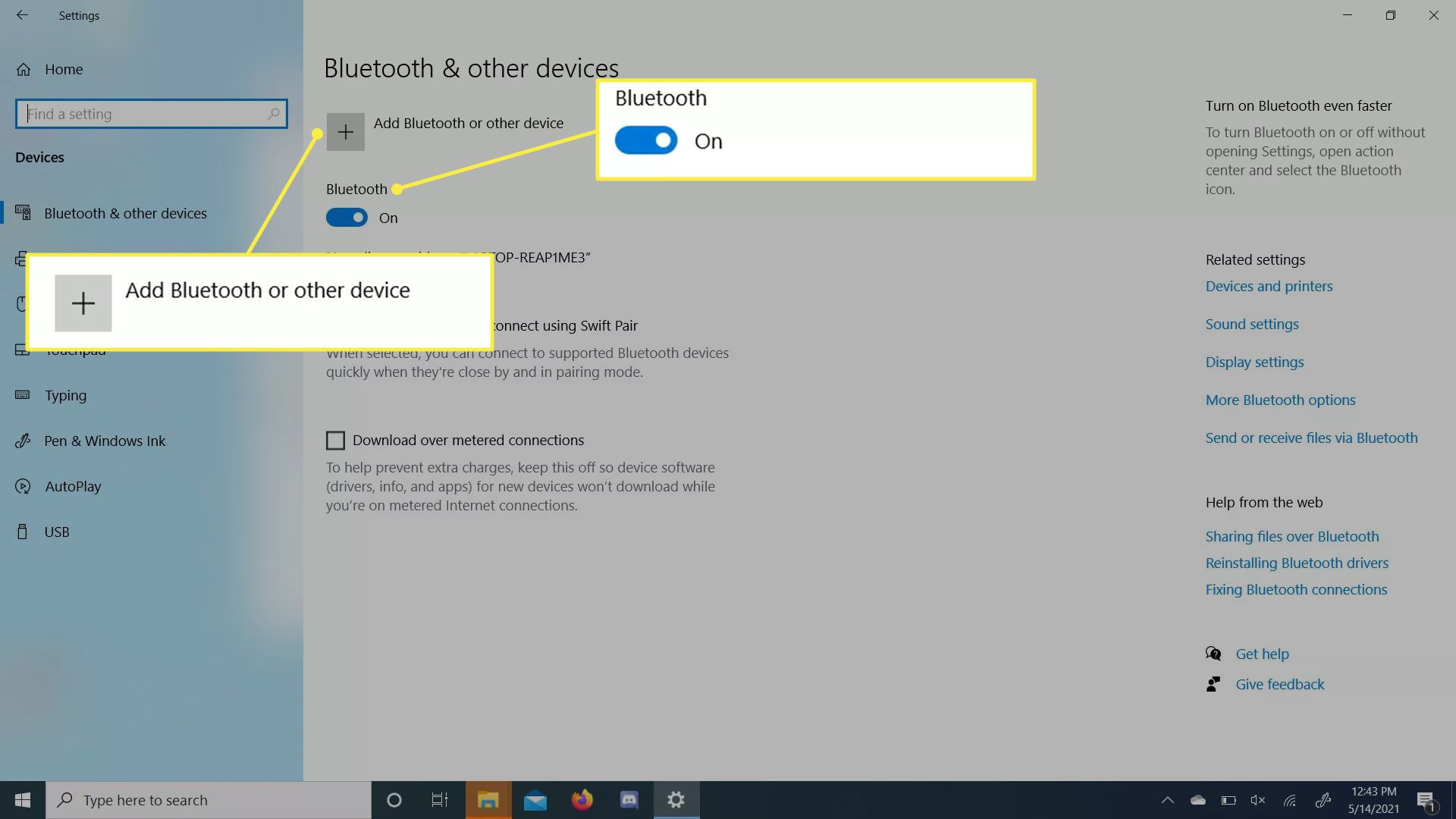 Menyn Bluetooth och andra enheter i Windows 10-inställningar