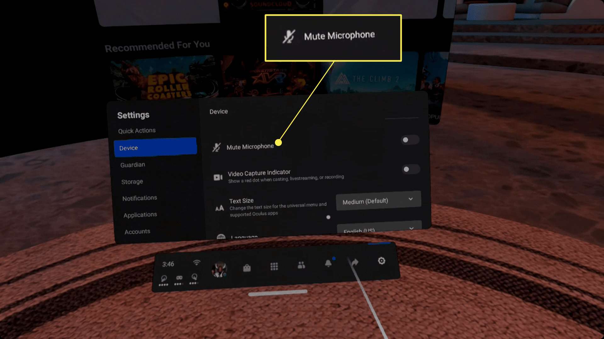 Stäng av mikrofonen i Oculus Quest-menyn.