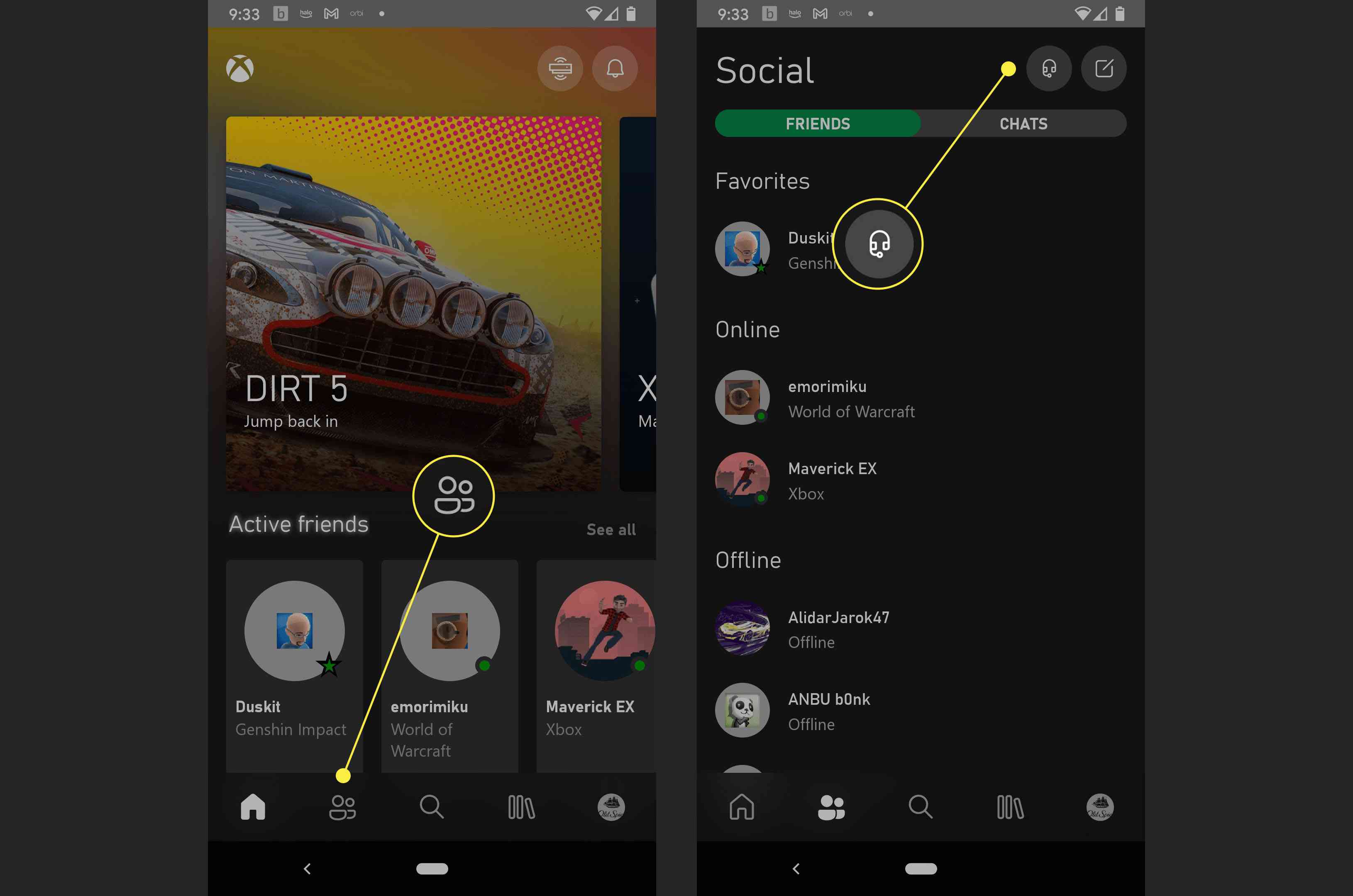 De sociala alternativen i Xbox-appen på Android.