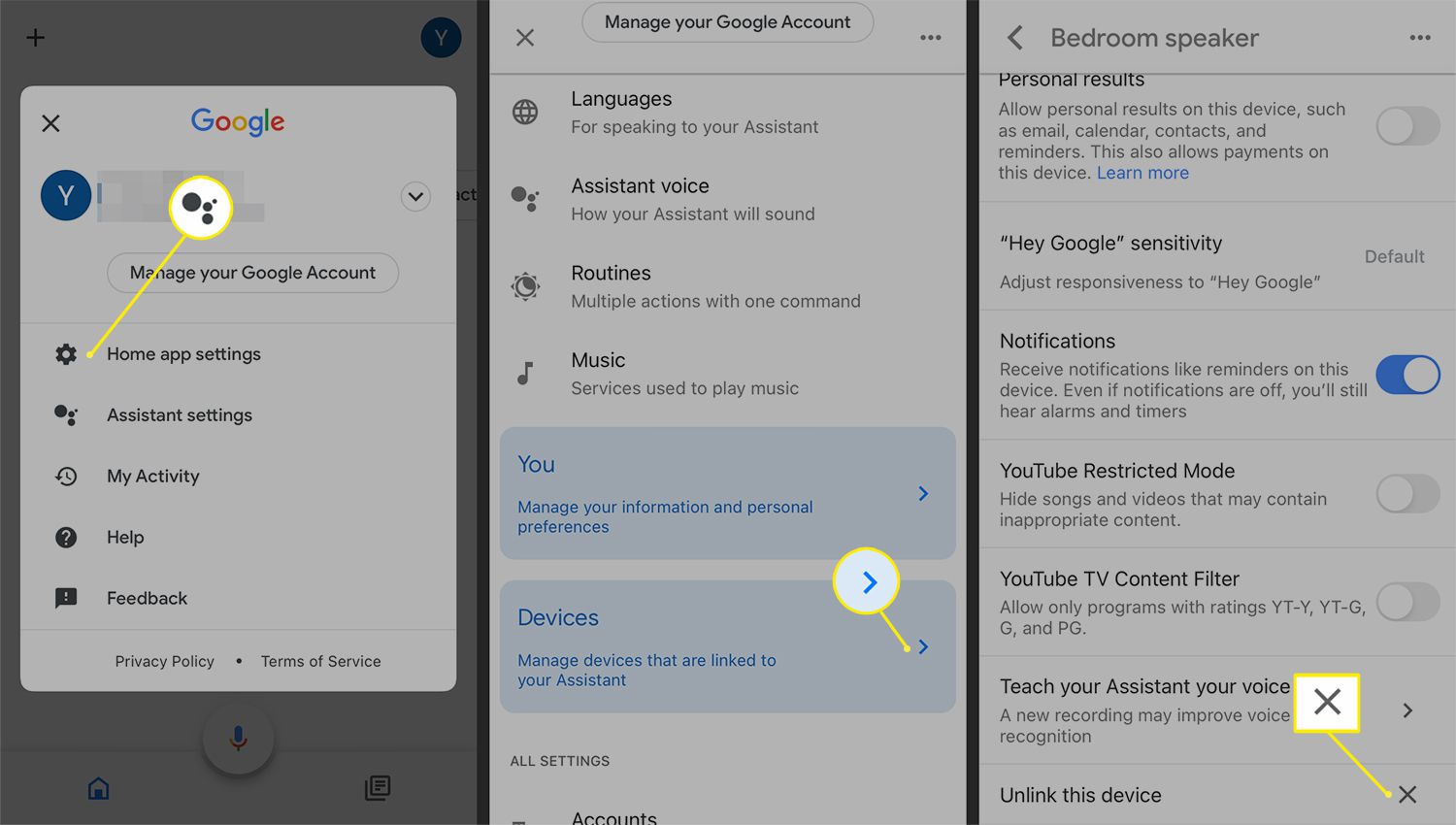 Process för att koppla bort en enhet från inställningarna för Google Assistant i Google Home-appen