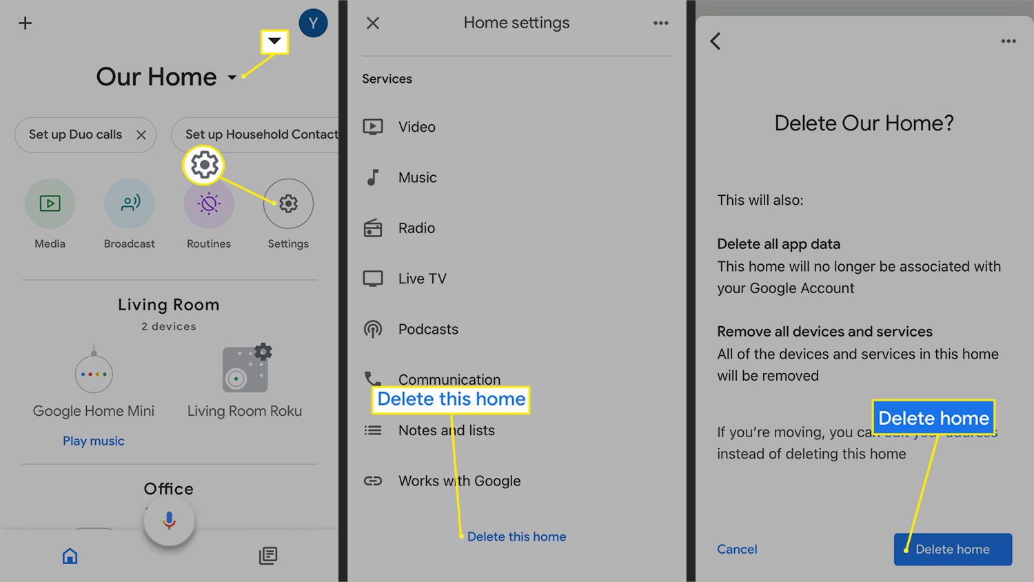 Steg för att ta bort ett helt hem från Google Home-appen