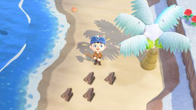 Samlar lövträ från palmer i Animal Crossing: New Horizons