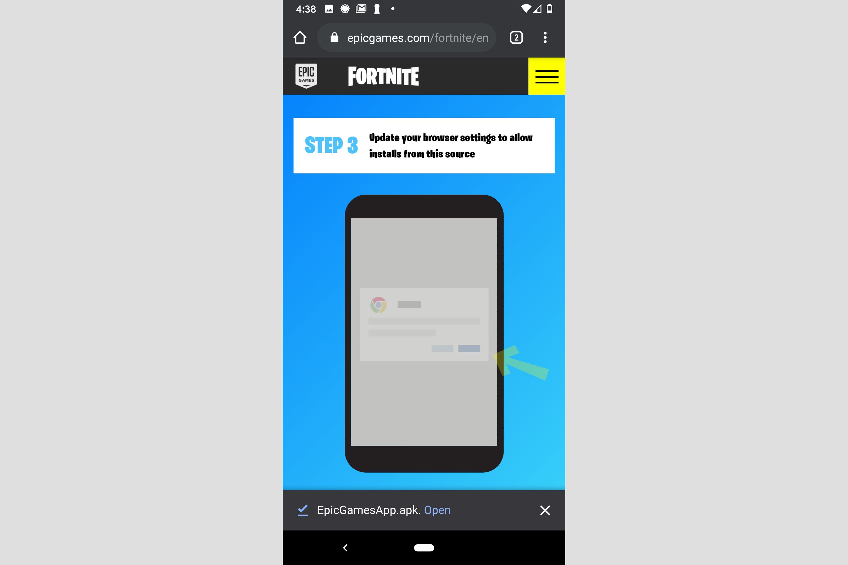 En skärmdump av nedladdning av Fortnite till en Android-enhet.