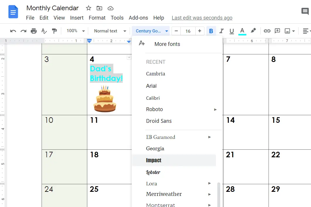 Skärmdump av formateringsalternativen i en Google Docs-kalendermall