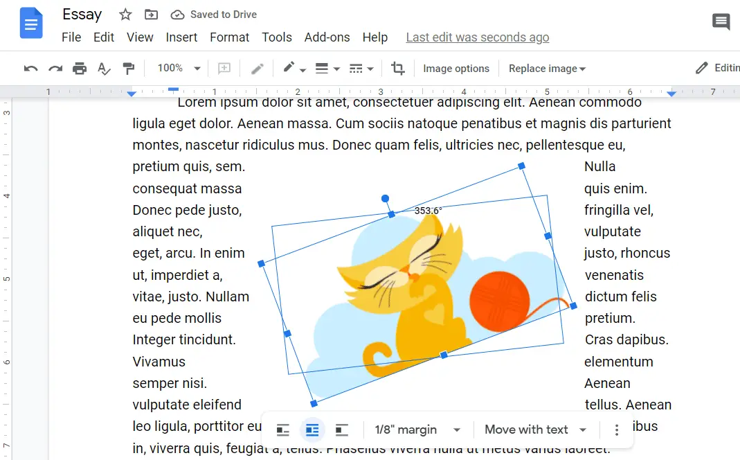 Skärmdump som visar en roterad bild i Google Docs