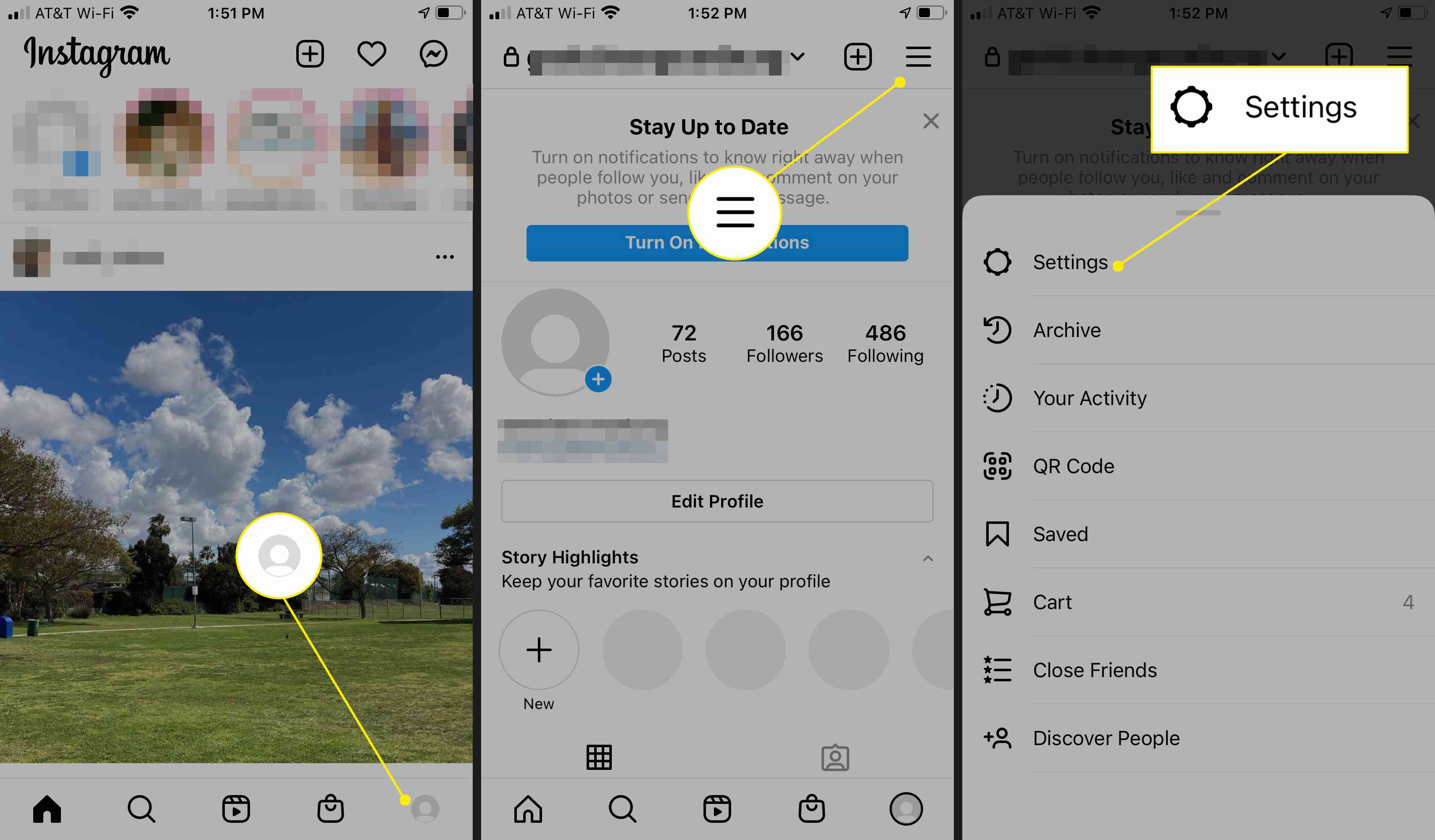 Instagram-appens profilikon, meny och inställningar markerade