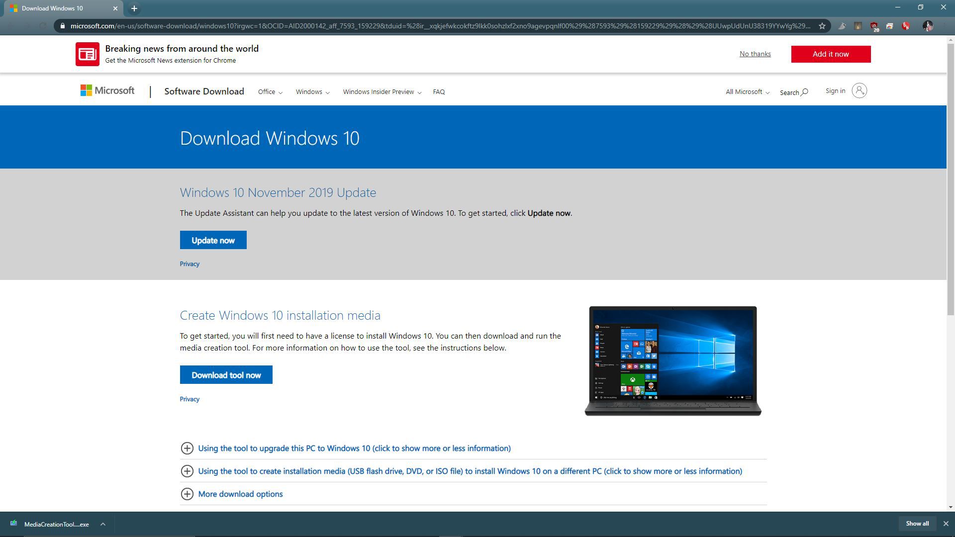 En skärmdump av nedladdningssidan för Windows 10.