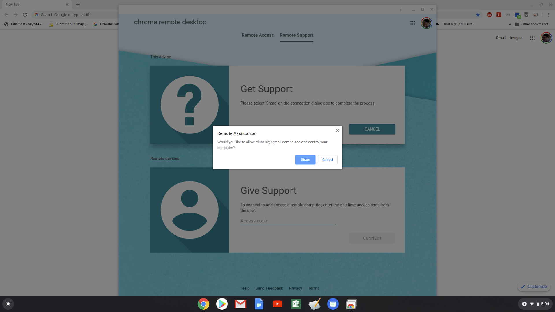 Skärmdump för att bekräfta fjärrskrivbord på Chromebook