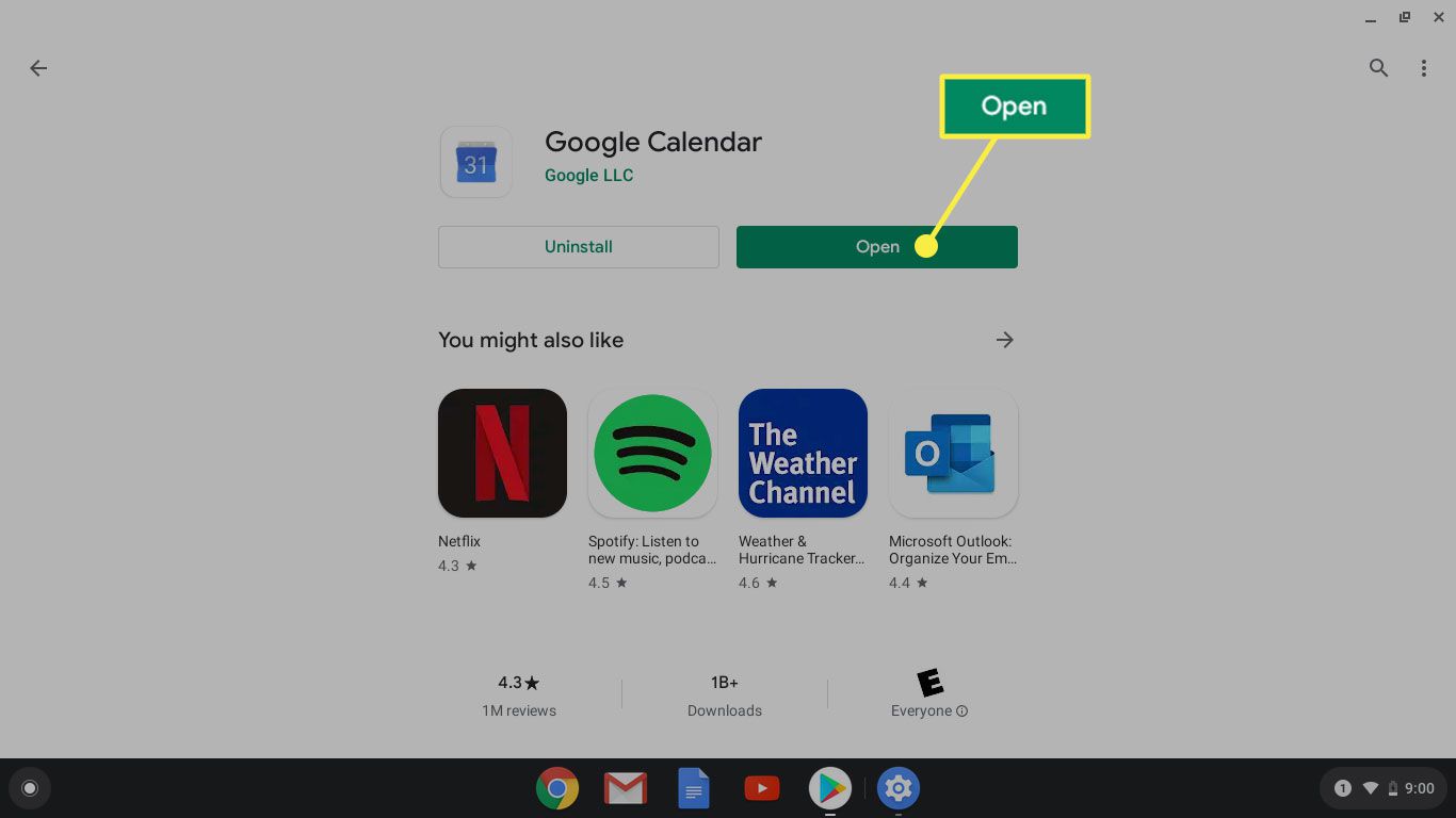Öppna-knappen för en installerad app på Google Play