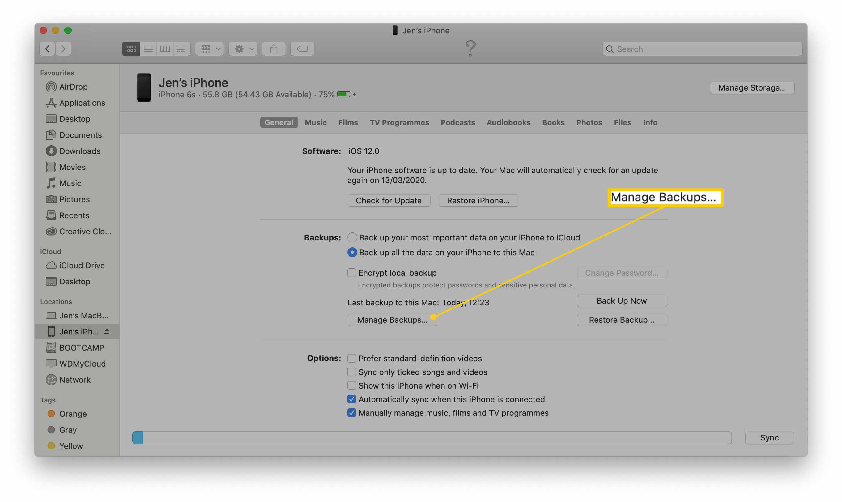 MacOS med Hantera iOS-säkerhetskopior markerade