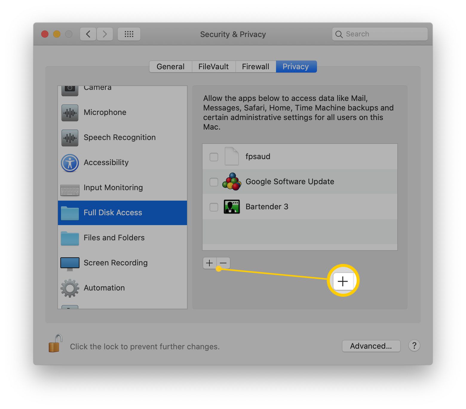 Systeminställningar för MacOS med Full Disk Access markerad