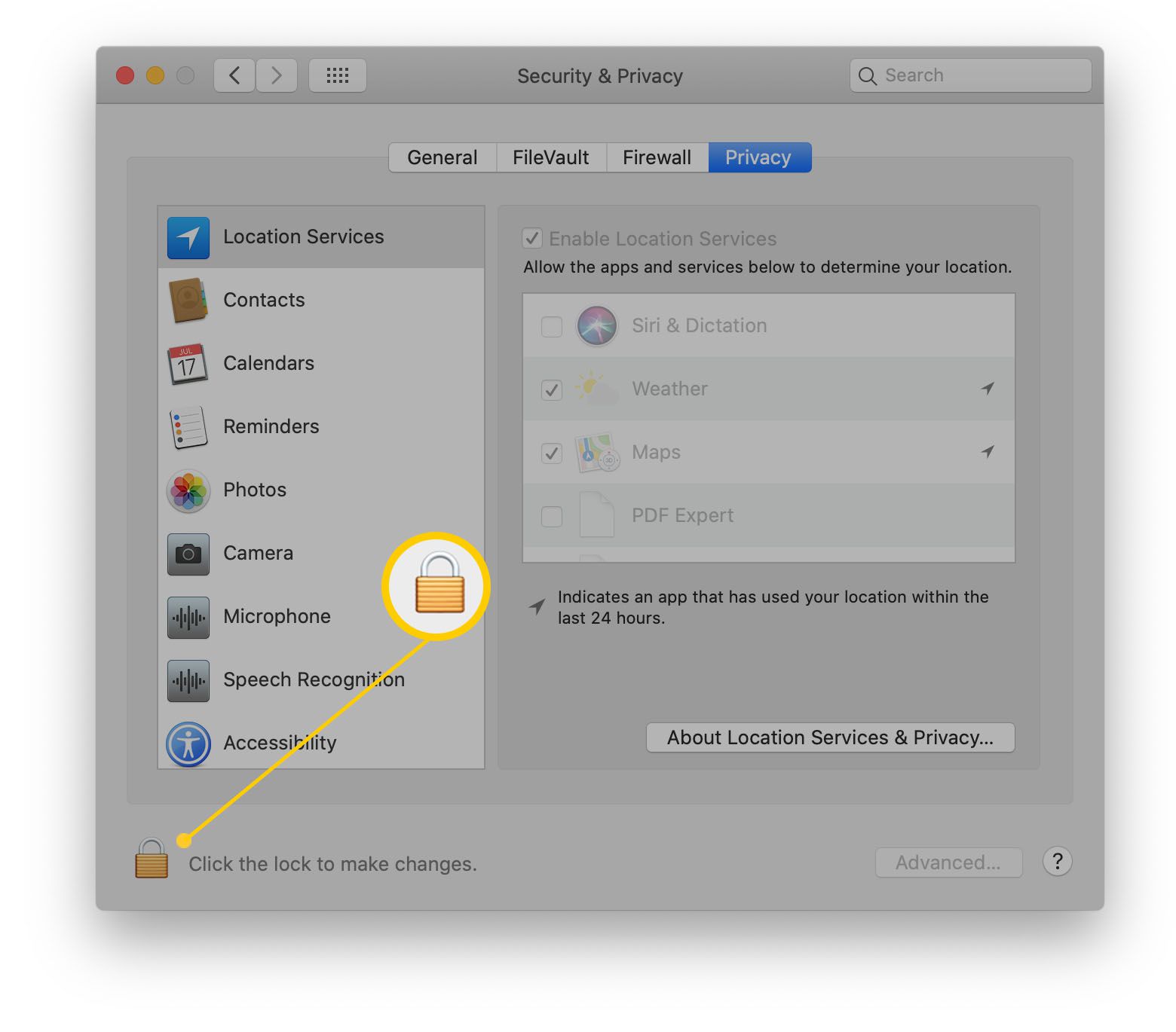 MacOS-systeminställningar med låset för att låsa upp ändringar markerade
