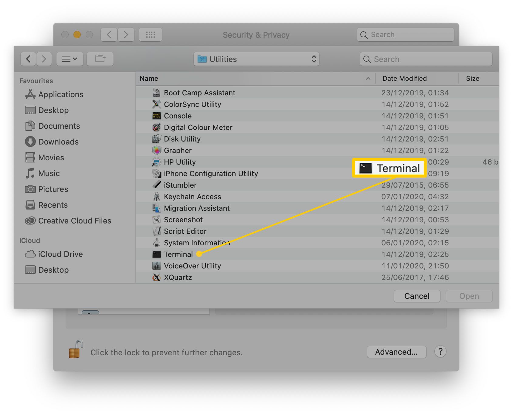 MacOS med Terminal markerad i applikationslistan