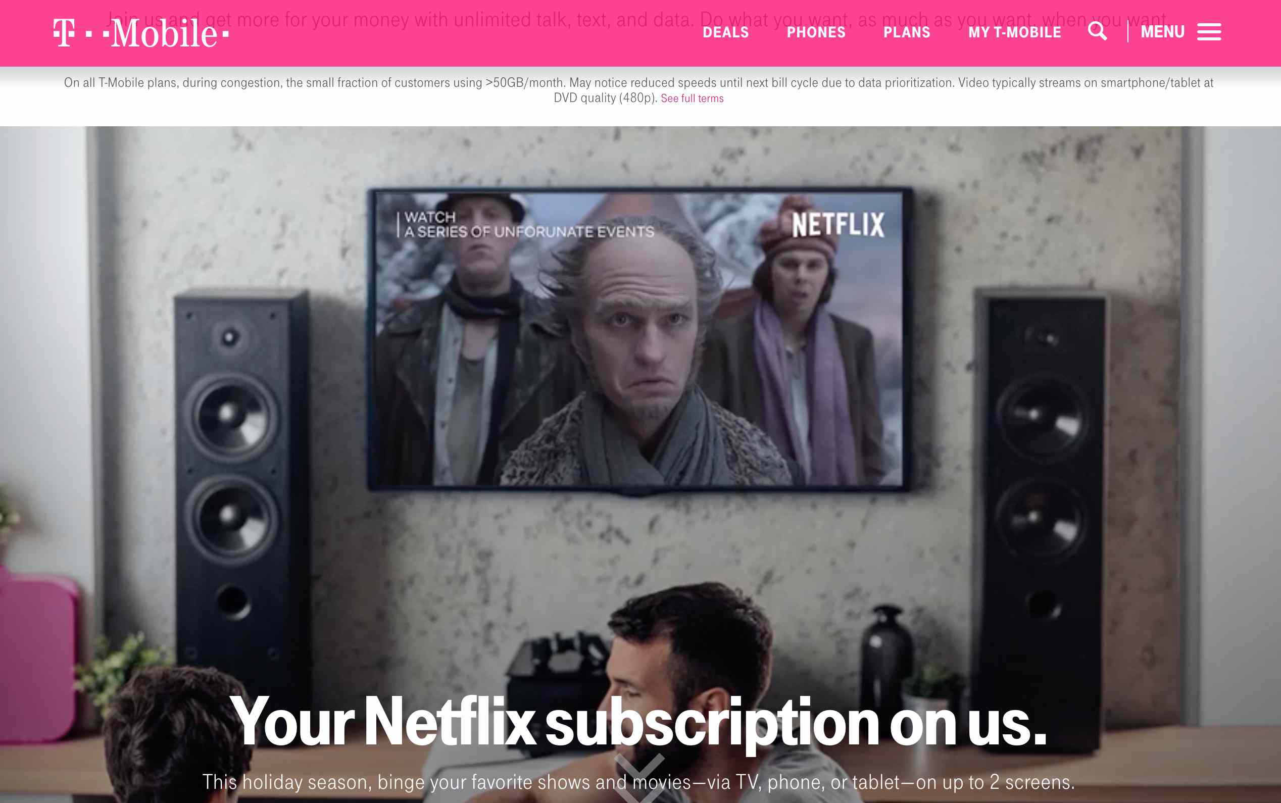 T-Mobile webbsida som visar Netflix-affären