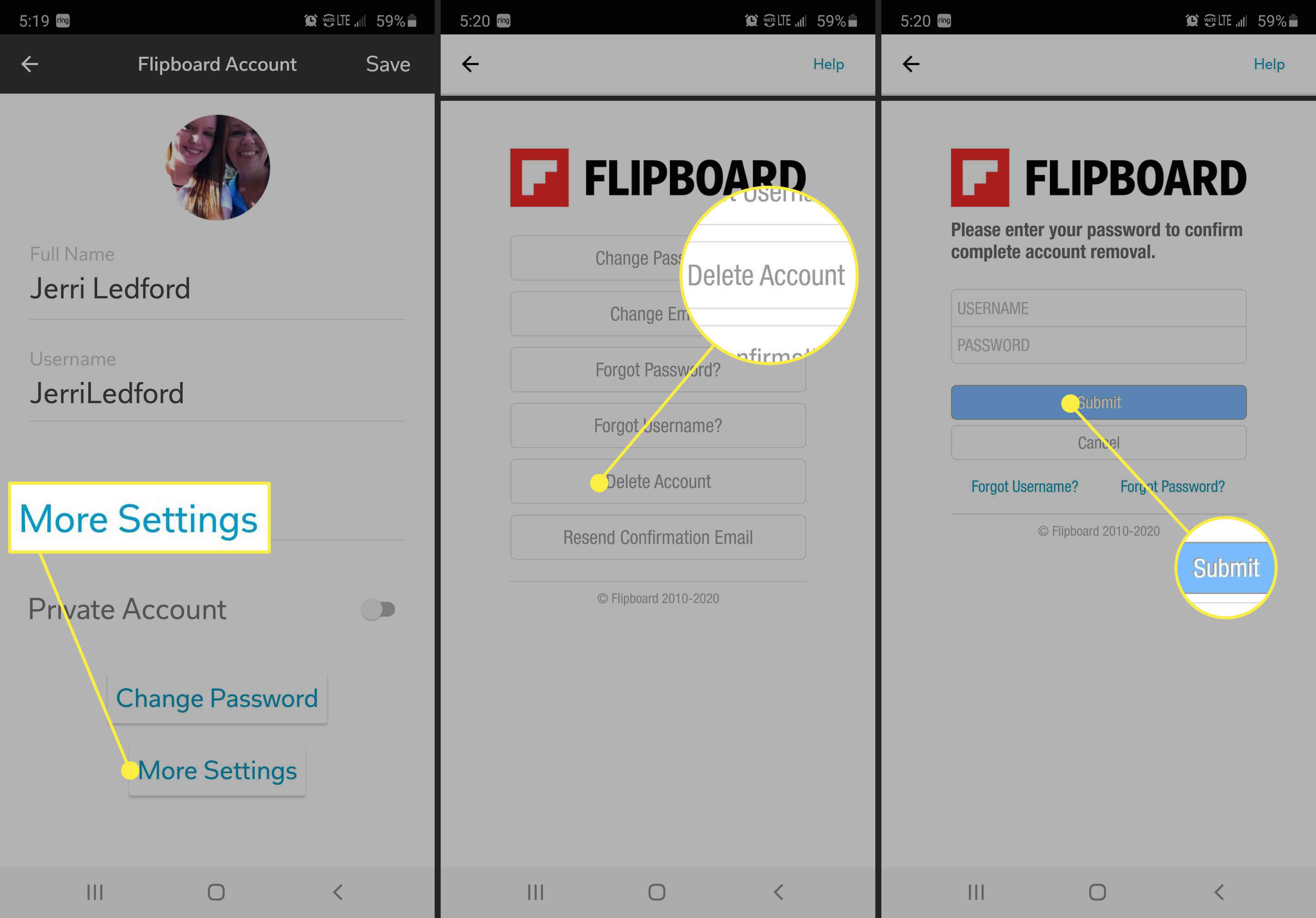 Skärmdumpar som visar hur du tar bort ett Flipboard-konto från alternativet Fler inställningar.