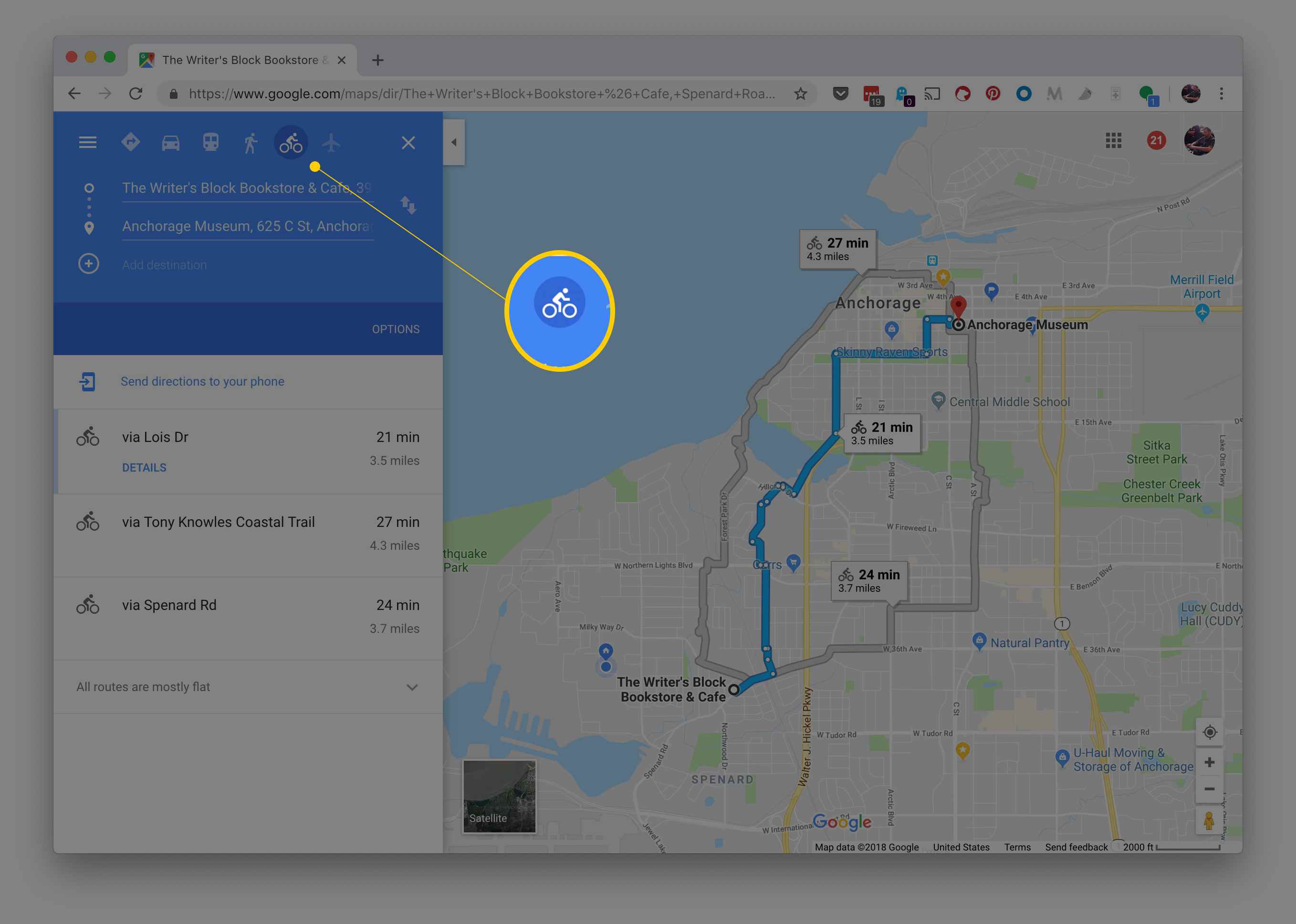 Knappen för cykelbeskrivningar i Google Maps