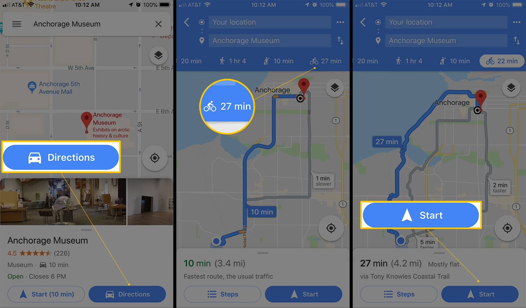 Tre iOS-skärmar som visar knapparna Vägbeskrivning, Cykel och Start i Google Maps