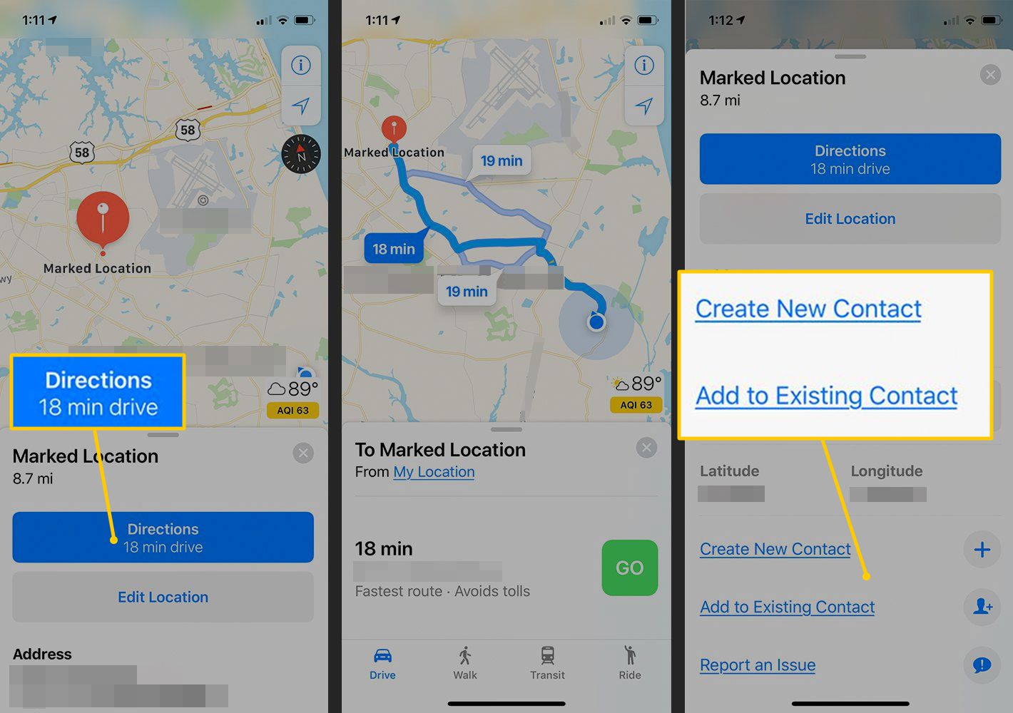 Vägbeskrivningsknapp, Skapa ny / lägg till befintlig kontakt i iOS-kartor